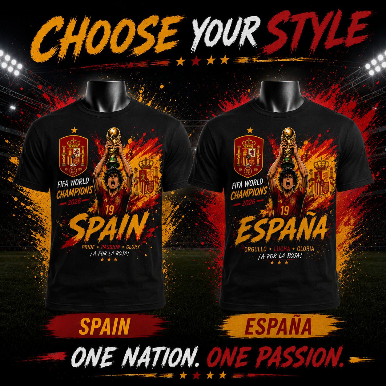 Spain / España 2026 Champions Soccer Fan Shirt – Black Graphic Tee