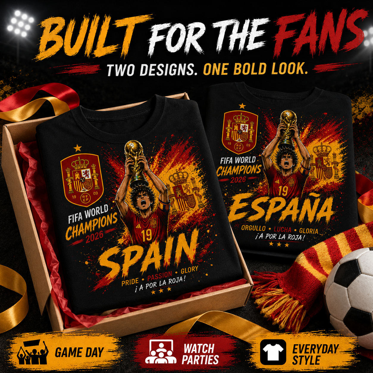 Spain / España 2026 Champions Soccer Fan Shirt – Black Graphic Tee