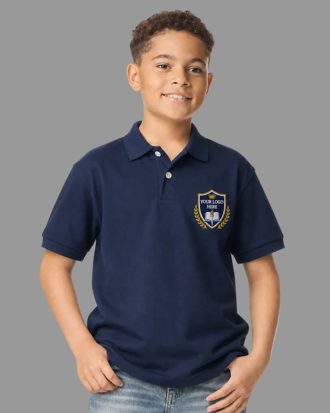 A young boy wearing a navy blue polo shirt with a school crest on the left chest, paired with blue jeans, standing against a light gray background.