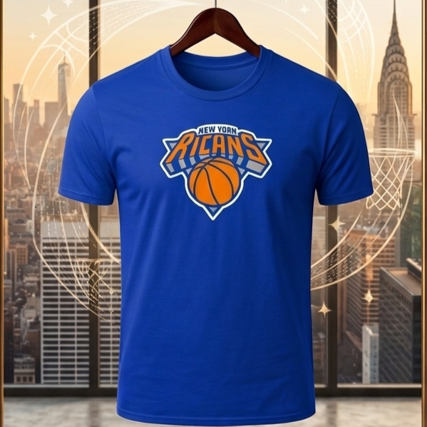 Blue t-shirt with sports team logo on a hanger, next to a basketball and sneakers, against a cityscape background.