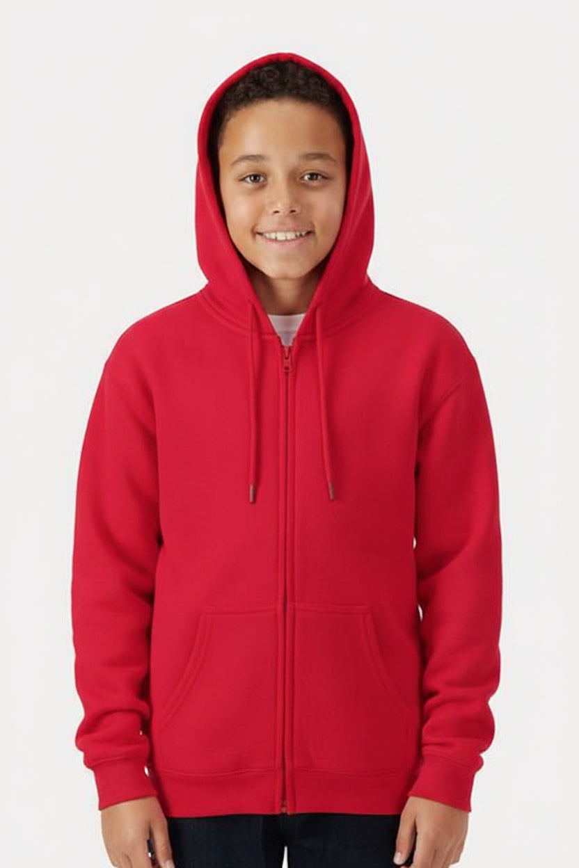 Child wearing a red hoodie on a white background