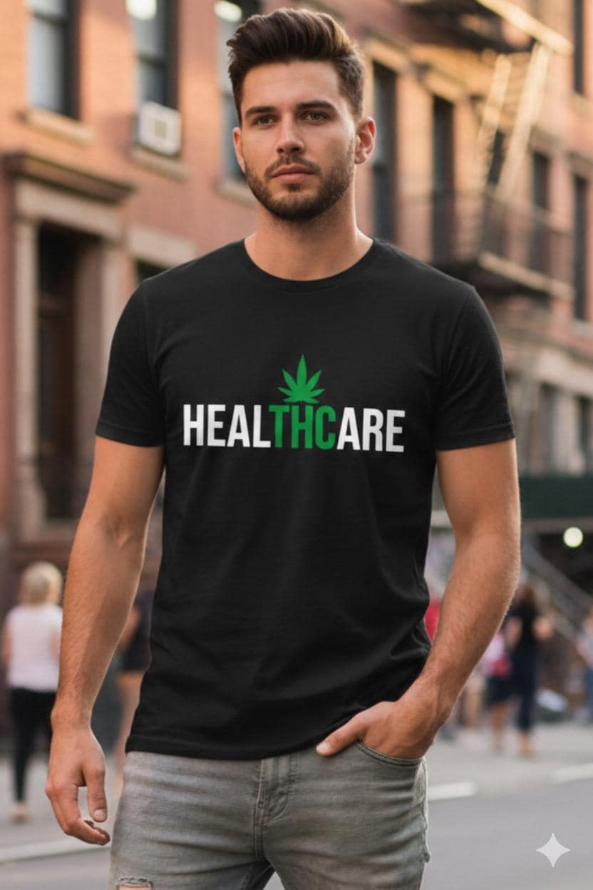 HealTHCare T-Shirt - Medical Marijuana Pun Tee - Funny Cannabis Health Care Shirt - Weed Leaf Graphic Top - Unisex Heavy Cotton Tee