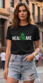 HealTHCare T-Shirt - Medical Marijuana Pun Tee - Funny Cannabis Health Care Shirt - Weed Leaf Graphic Top - Unisex Heavy Cotton Tee