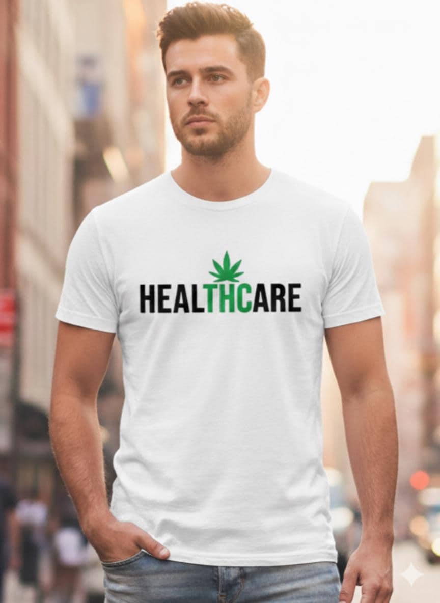 HealTHCare T-Shirt - Medical Marijuana Pun Tee - Funny Cannabis Health Care Shirt - Weed Leaf Graphic Top - Unisex Heavy Cotton Tee