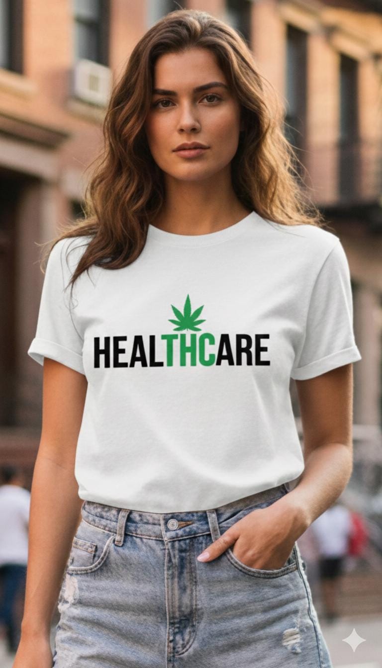HealTHCare T-Shirt - Medical Marijuana Pun Tee - Funny Cannabis Health Care Shirt - Weed Leaf Graphic Top - Unisex Heavy Cotton Tee