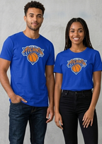 Two people wearing blue t-shirts with a sports team logo on a gray background