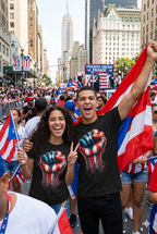People celebrating with Puerto Rican flags in a city street
